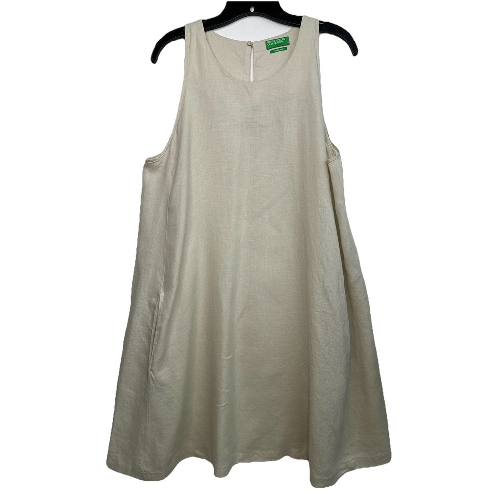 United Color of Benetton Dress Large Linen Beige Sundress Sleeveless Coastal‎